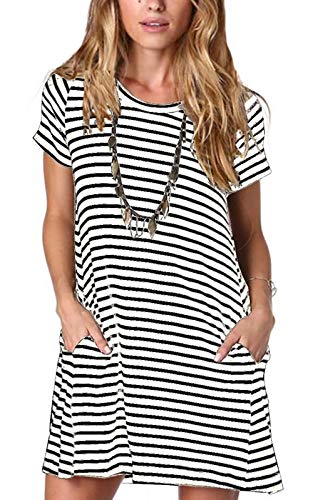 ANCAPELION Damen Kurzarm T-Shirt Kleid Freizeitkleid A-Linie Minikleid Kurz Sommerkleid Lose Tunika Rundhals Langes Shirt Streifen L von ANCAPELION