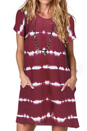 ANCAPELION Damen Kurzarm T-Shirt Kleid Freizeitkleid A-Linie Minikleid Kurz Sommerkleid Lose Tunika Rundhals Langes Shirt Wellig Rot XL von ANCAPELION