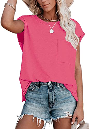ANCAPELION Damen Kurzarm T-Shirt Sommer Casual Tops Lose Oberteile Rundhals Basic Bluse mit Tasche Pink XL von ANCAPELION