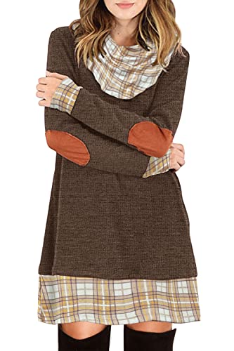 ANCAPELION Damen Langarm Minikleid Kariertes Kleid Rollkragen Strickkleid A-Linie Sweater Herbstkleid Lose Kleider Pullover Kleid für Winter Dunkelbraun XXL von ANCAPELION