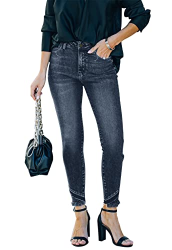 ANCAPELION Damen Skinny Jeans,High Waist Distressed Stretch Knöchel Ausgefranster Roher Saum Slim Fit Hosen Jeans,A-Dunkles Indigo XL von ANCAPELION