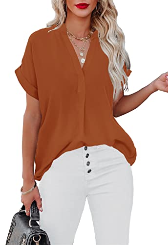 ANCAPELION Damen Sommer Bluse Fashion Tuniken Hemd Kurzarm Shirt Casual Oberteile Lose Fit Top V-Ausschnitt Tunika für Frauen,Einfarbig Orange S ANCAPELION Damen Sommer Bluse Fashion Tuniken Hemd Kurzarm Shirt Casual Oberteile Lose Fit Top V-Ausschnitt Tunika für Frauen,Einfarbig Orange S von ANCAPELION
