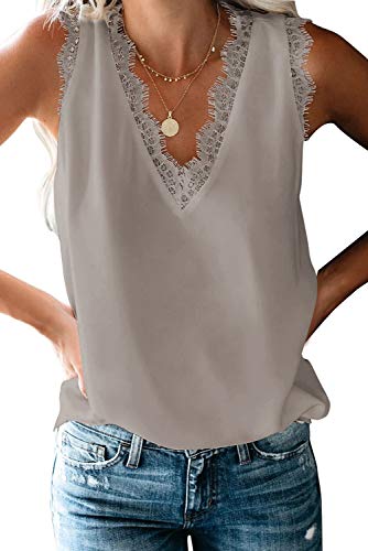 ANCAPELION Damen Sommer Weste Top Lace Shirt V-Ausschnitt Casual Lose Bluse für Frauen Ärmellose Oberteile Chiffon Tank Tops Grau S von ANCAPELION