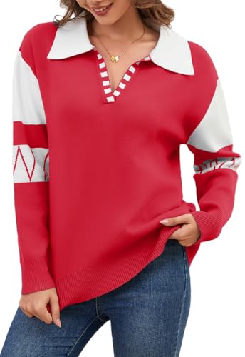 ANCAPELION Damen Strick Pullover Casual Stricken Sweater Lange Ärmel Pulli Patchwork Sweatshirt Elegante Jumper Reverspullover Lockere Tops Herbst und Winter Outwear für Frauen Rot S von ANCAPELION