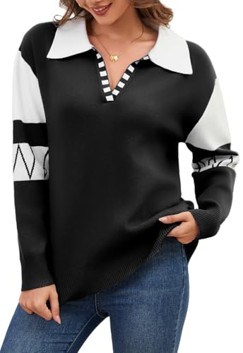 ANCAPELION Damen Strick Pullover Casual Stricken Sweater Lange Ärmel Pulli Patchwork Sweatshirt Elegante Jumper Reverspullover Lockere Tops Herbst und Winter Outwear für Frauen Schwarz S von ANCAPELION