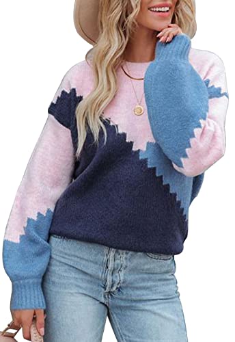 ANCAPELION Damen Strickpullover Colour Blocking Casual Laterne Ärmel Pulli Drop Shoulder Rundhals Weich Dehnbar Sweater Pullover,056-Colour-Blocking Blau M von ANCAPELION