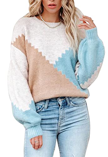ANCAPELION Damen Strickpullover Colour Blocking Casual Laterne Ärmel Pulli Drop Shoulder Rundhals Weich Dehnbar Sweater Pullover,056-Colour-Blocking Khaki M ANCAPELION Damen Strickpullover Colour Blocking Casual Laterne Ärmel Pulli Drop Shoulder Rundhals Weich Dehnbar Sweater Pullover,056-Colour-Blocking Khaki M von ANCAPELION
