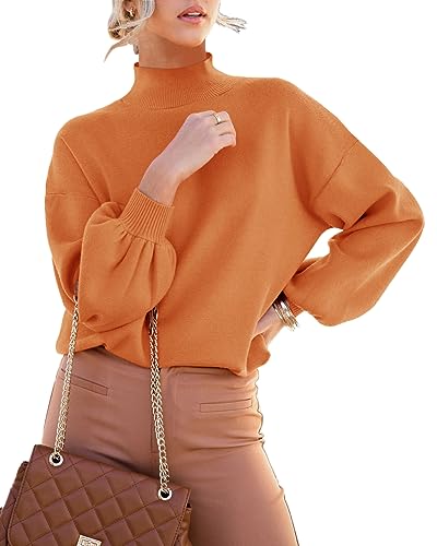 ANCAPELION Damen Strickpullover Rundhals Laterne Ärmel Pulli Casual Mock Rollkragen Pullover Dehnba Drop Shoulder Sweater Tops,099-Plain Orange L von ANCAPELION