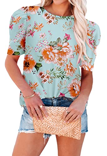 ANCAPELION Sommer Damen Bluse Leichte Chiffon Puff Kurzarm Hemd O-Ausschnitt Elegant Frauen T Shirt,B-Blume Blau Grün M ANCAPELION Sommer Damen Bluse Leichte Chiffon Puff Kurzarm Hemd O-Ausschnitt Elegant Frauen T Shirt,B-Blume Blau Grün M von ANCAPELION