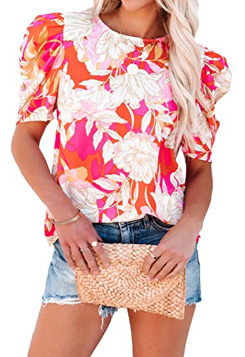 ANCAPELION Sommer Damen Bluse Leichte Chiffon Puff Kurzarm Hemd O-Ausschnitt Elegant Frauen T Shirt,B-Blume Rosa Rot XL von ANCAPELION