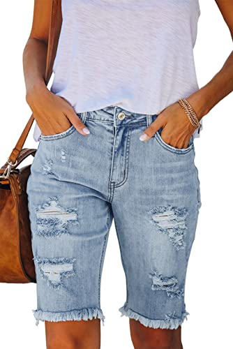 Ancapelion Damen Casual Denim Shorts Mid Waist Bermuda Jeans Shorts Raw Hem Ripped Hole Jeans mit Taschen, Ber-Hellblau, S von ANCAPELION