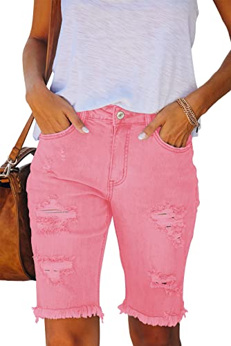 Ancapelion Damen Casual Denim Shorts Mid Waist Bermuda Jeans Shorts Raw Hem Ripped Hole Jeans mit Taschen, ber-pink, XX-Large von ANCAPELION