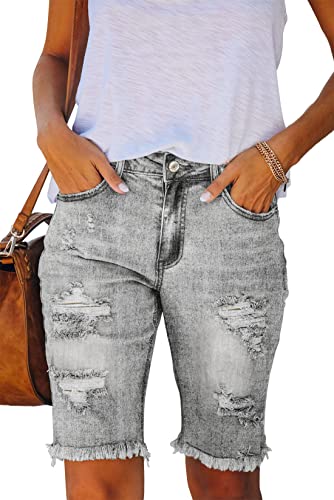 Ancapelion Damen Casual Denim Shorts Mid Waist Bermuda Jeans Shorts Raw Hem Ripped Hole Jeans mit Taschen, grau, S von ANCAPELION