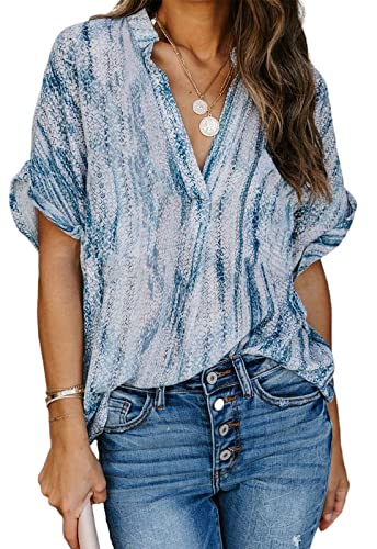 Ancapelion Damen Casual Lose Bedruckte Chiffon Bluse Sommer Kurzarm Shirt für Damen, Blau - Blue Print, Large von ANCAPELION