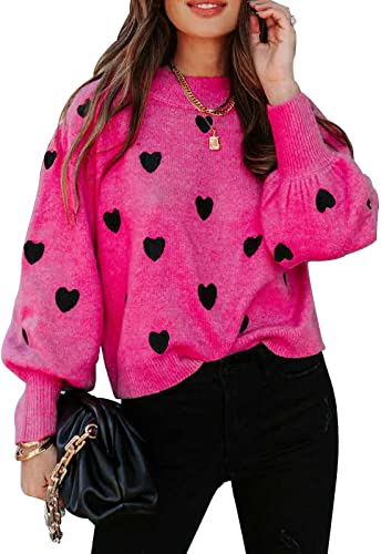 Ancapelion Damen Gestreifter Farbblock Pullover Langarm Grob Pullover Rundhals Strickpullover Tops Strickwaren, H-Hot Pink Heart, L von ANCAPELION