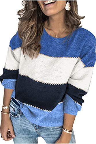 Ancapelion Damen Grobstrick Pullover Casual Stricken Sweater Lange Ärmel Pulli Farbblock Sweatshirt Elegant Jumper Rundhals Lose Oberteile Herbst Winter Outwear für Frauen,A-blau,L von ANCAPELION