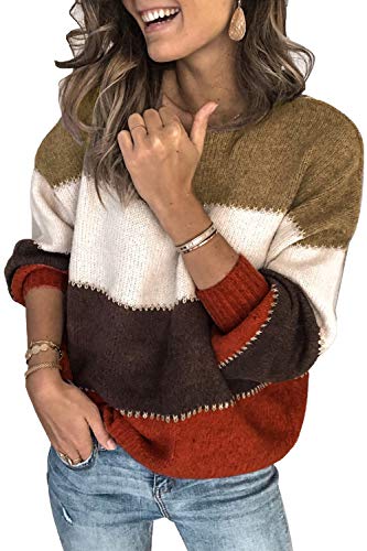 Ancapelion Damen Grobstrick Pullover Casual Stricken Sweater Lange Ärmel Pulli Farbblock Sweatshirt Elegant Jumper Rundhals Lose Oberteile Herbst Winter Outwear für Frauen,A-braun,M von ANCAPELION
