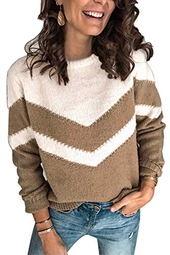 Ancapelion Damen Grobstrick Pullover Casual Stricken Sweater Lange Ärmel Pulli Farbblock Sweatshirt Elegant Jumper Rundhals Lose Oberteile Herbst Winter Outwear für Frauen,C-khaki,L von ANCAPELION