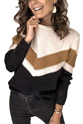 Ancapelion Damen Grobstrick Pullover Casual Stricken Sweater Lange Ärmel Pulli Farbblock Sweatshirt Elegant Jumper Rundhals Lose Oberteile Herbst Winter Outwear für Frauen,C-schwarz,L von ANCAPELION