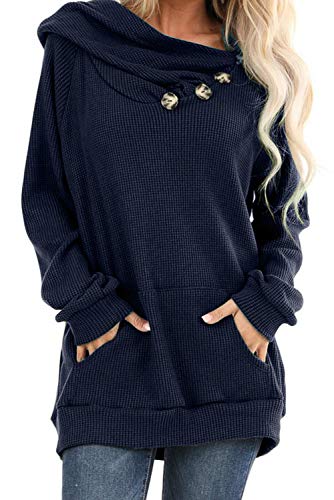 Ancapelion Damen Hoodie Gestrickt Pulli Pullover Langarm Oberteile Einfarbig Sweater Tunika Top mit Knopf Tasche,Blau,XL von ANCAPELION