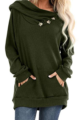 Ancapelion Damen Hoodie Gestrickt Pulli Pullover Langarm Oberteile Einfarbig Sweater Tunika Top mit Knopf Tasche,Grün,S von ANCAPELION