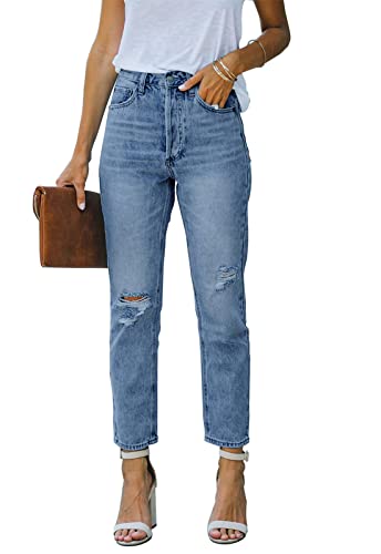 Ancapelion Damen-Jeans mit hoher Taille, Knöchel, abgenutzt, hohe Taille, gerades Bein, Stretch-Denim-Jeans, Authentisches Blau, M von ANCAPELION