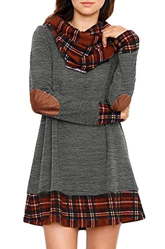 Ancapelion Damen Langarm Minikleid Kariertes Kleid Rollkragen Strickkleid A-Linie Sweater Herbstkleid Lose Kleider Pullover Kleid für Winter Herbst, Grau, M von ANCAPELION