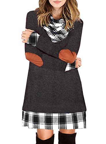 Ancapelion Damen Langarm Minikleid Kariertes Kleid Rollkragen Strickkleid A-Linie Sweater Herbstkleid Lose Kleider Pullover Kleid für Winter Herbst, Grau-1, M von ANCAPELION