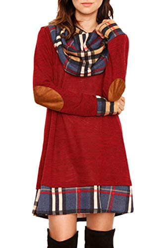 Ancapelion Damen Langarm Minikleid Kariertes Kleid Rollkragen Strickkleid A-Linie Sweater Herbstkleid Lose Kleider Pullover Kleid für Winter Herbst, Rot, M von ANCAPELION