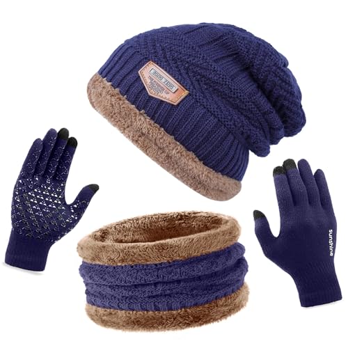 ANCEER Wintermütze Schal Handschuhe Set mit Dicke Thermo Fleecefutter, 3in1 Mütze, Schal & Handschuh-Sets für Herren Damen Winter Beanie Mütze Schal Unisex Dunkelblau von ANCEER