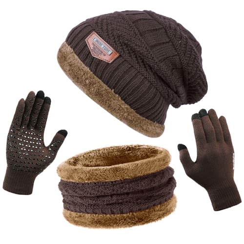 ANCEER Wintermütze Schal Handschuhe Set mit Dicke Thermo Fleecefutter, 3in1 Mütze, Schal & Handschuh-Sets für Herren Damen Winter Beanie Mütze Schal Unisex Dunkelbraun von ANCEER