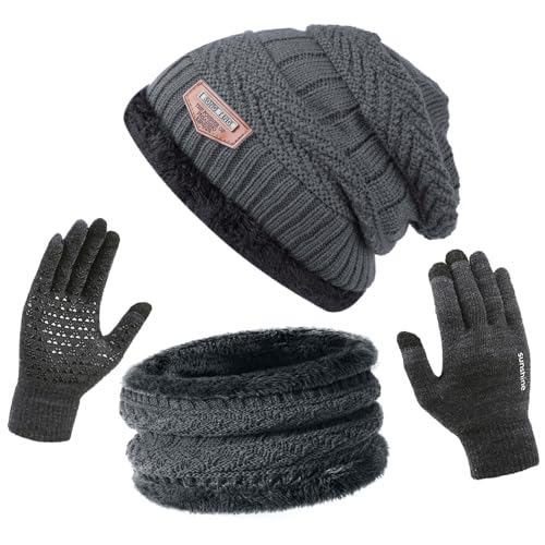 ANCEER Wintermütze Schal Handschuhe Set mit Dicke Thermo Fleecefutter, 3in1 Mütze, Schal & Handschuh-Sets für Herren Damen Winter Beanie Mütze Schal Unisex Grau von ANCEER