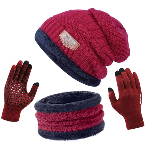 ANCEER Wintermütze Schal Handschuhe Set mit Dicke Thermo Fleecefutter, 3in1 Mütze, Schal & Handschuh-Sets für Herren Damen Winter Beanie Mütze Schal Unisex Rotwein von ANCEER