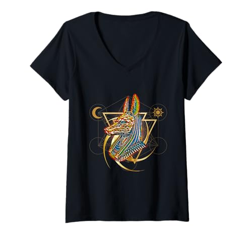 Damen Altes Ägypten Hieroglyphe Ägyptischer Gott Anubis T-Shirt mit V-Ausschnitt von ANCIENT EGYPT ANUBIS Pharaoh