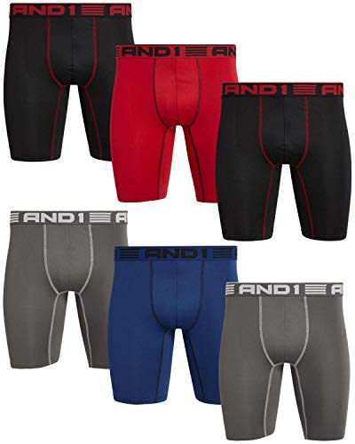 AND1 Herren Unterwäsche - 6er Pack Long Leg Performance Compression Boxer Briefs (S-3XL), Schwarz/Blau/Anthrazit/Rot, Medium von AND1