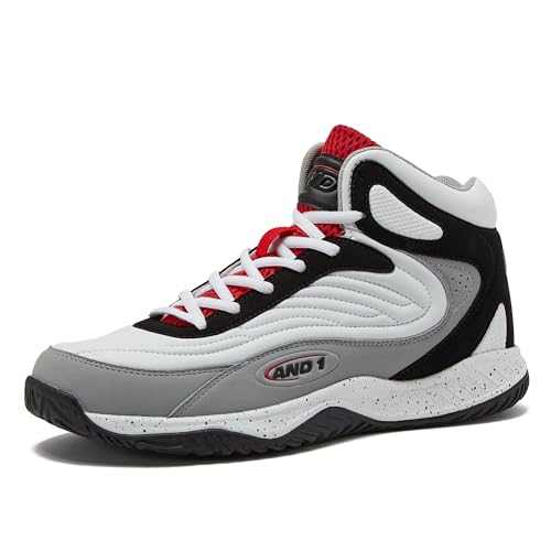 AND1 Pulse 3.0 Basketballschuhe für Herren, drinnen oder draußen, Street oder Court Basketball-Sneaker für Herren, Schwarz, Rot oder Weiß, Größe 40 bis 48, Weiß/Mittelgrau/Schwarz, 11.5 Women/10 Men von AND1