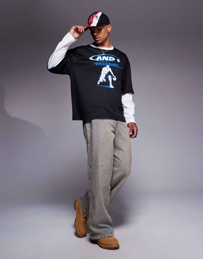 AND1 - Zweilagiges, langärmliges Sportshirt aus Jersey in Schwarz mit Oversize-Schnitt von AND1