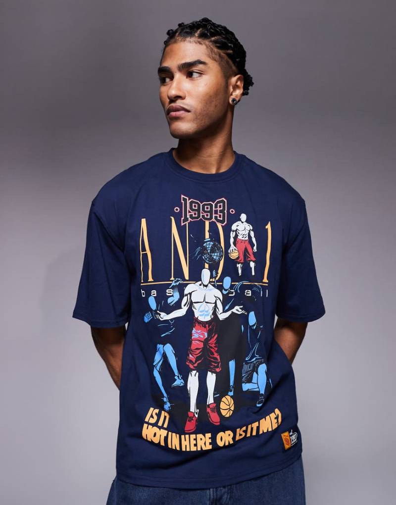 And1 - T-Shirt in Marineblau mit Retro-Print von AND1