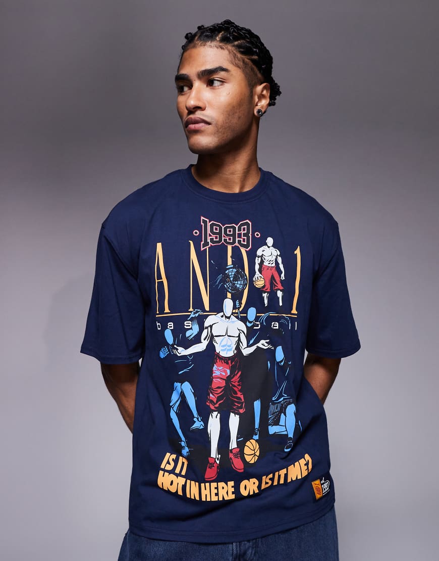 And1 - T-Shirt in Marineblau mit Retro-Print von AND1