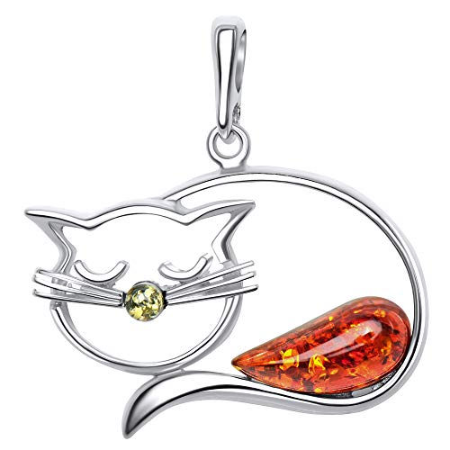 ANDANTE Premium Collection - Echter OSTSEE Bernstein Kettenanhänger in 925 Sterling Silber ** Katze ** Zertifiziert - Gold des MEERES - Farbe GRÜN und COGNAC von ANDANTE