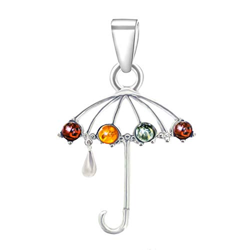 ANDANTE Premium Collection - Echter OSTSEE Bernstein Kettenanhänger in 925 Sterling Silber ** Regenschirm mit einem Regentropfen ** Zertifiziert - Gold des MEERES - Farbe Cognac, GRÜN, Kirsche von ANDANTE
