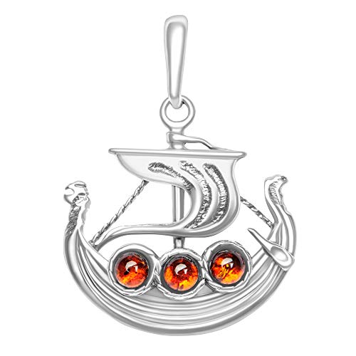 ANDANTE Premium Collection - Echter OSTSEE Bernstein Kettenanhänger in 925 Sterling Silber ** Wikingerboot ** Zertifiziert - Gold des MEERES - Farbe COGNAC von ANDANTE