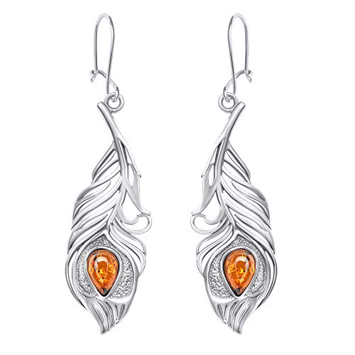 ANDANTE Premium Collection - Echter OSTSEE Bernstein Ohrringe in 925 Sterling Silber ** Feder ** Zertifiziert - Gold des MEERES - Farbe COGNAC von ANDANTE