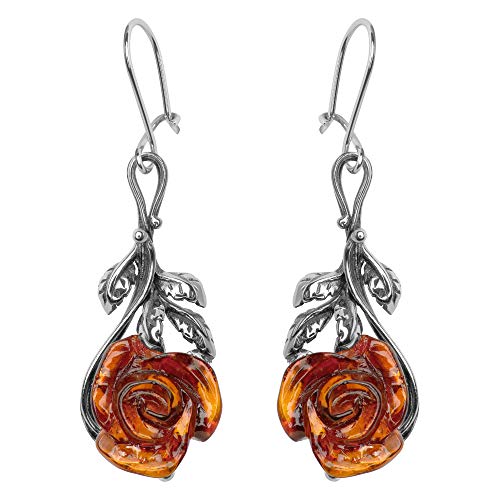 ANDANTE Premium Collection - Echter OSTSEE Bernstein Ohrringe in 925 Sterling Silber ** La Vie en Rose ** per Hand aus einem Stück Bernstein geschnitzt - Zertifiziert - Gold des MEERES - Farbe Cognac von ANDANTE