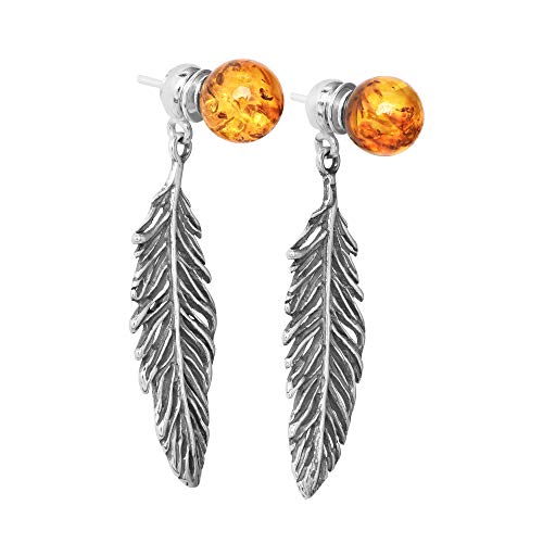 ANDANTE Premium Collection - Echter OSTSEE Bernstein Ohrstecker Ohrringe Ohrhänger in 925 Sterling Silber ** (2 in 1) !!! 2 Trageweisen möglich !!! MIT oder OHNE Feder ** Zertifiziert - Farbe Cognac von ANDANTE