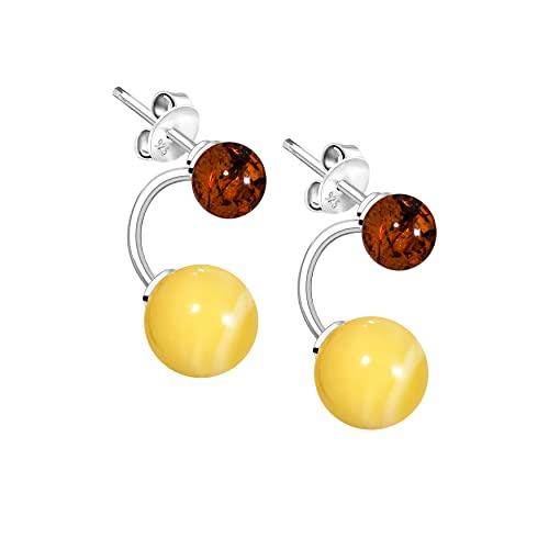 ANDANTE Premium Collection - Echter OSTSEE Bernstein Ohrstecker in 925 Sterling Silber ** Kleine Halb Creolen ** 2 Trageweisen möglich - Zertifiziert - Gold des MEERES - Farbe COGNAC und MILCHIG GELB von ANDANTE