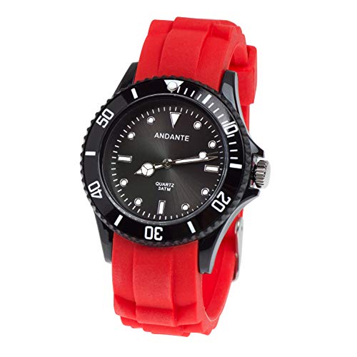 ANDANTE Sportliche wasserdichte Unisex Armbanduhr Silikon Uhr Quarz 3ATM ROT SCHWARZ AS-5005B Modell 2019 von ANDANTE