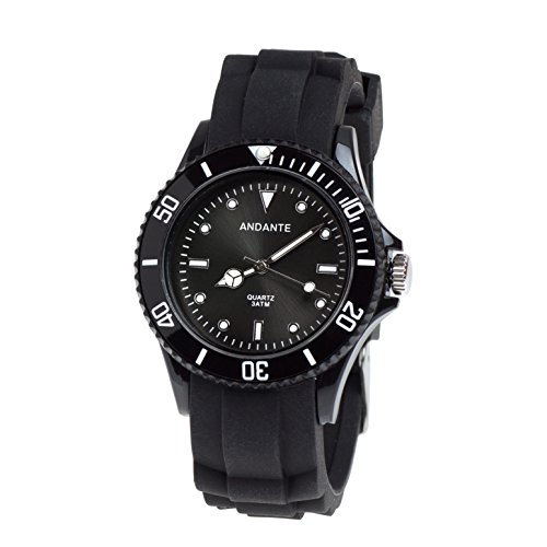 ANDANTE Sportliche wasserdichte Unisex Armbanduhr Silikon Uhr Quarz 3ATM SCHWARZ AS-5002 von ANDANTE