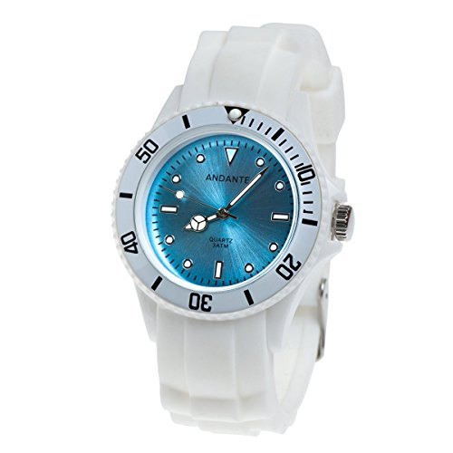 ANDANTE Sportliche wasserdichte Unisex Armbanduhr Silikon Uhr Quarz 3ATM Weiss BLAU AS-5001 von ANDANTE