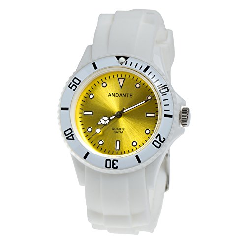 ANDANTE Sportliche wasserdichte Unisex Armbanduhr Silikon Uhr Quarz 3ATM Weiss GELB AS-5007 von ANDANTE